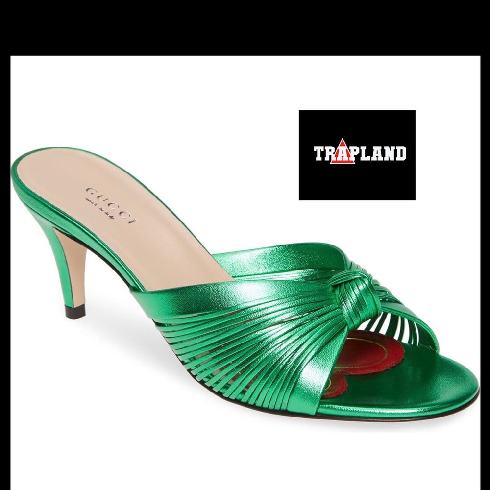 GUCCI GREEN SATIN KITTEN HEELS